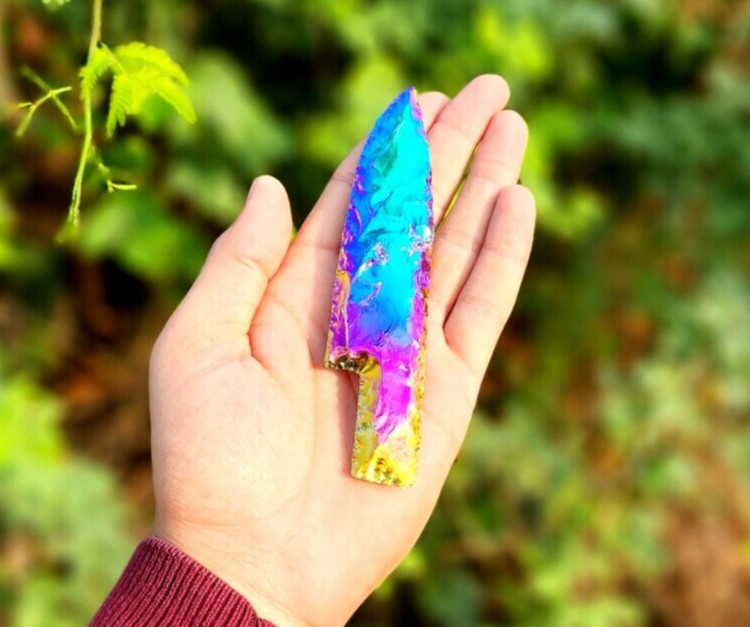 Titanium Aura Quartz Crystal Knife Athame Arrowhead Rainbow Obsidian Titanium