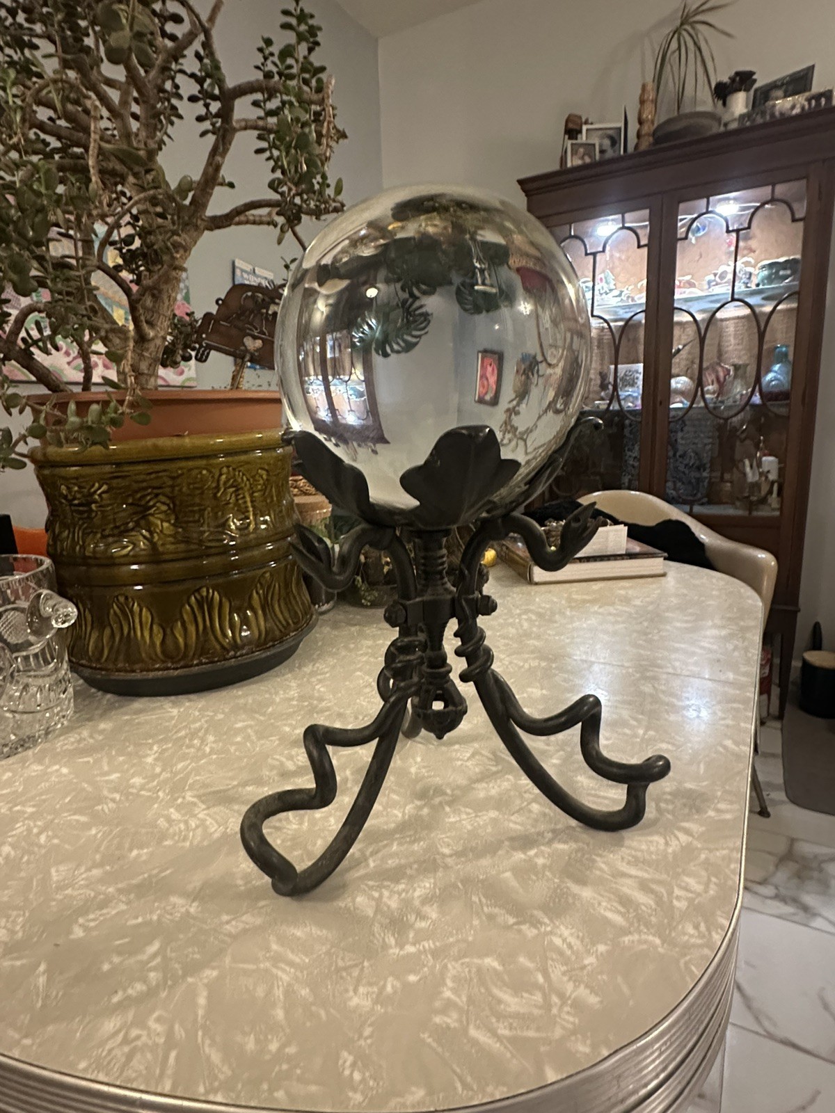 Large Victorian / Art Nouveau Crystal Ball Clear Sphere & Iron Snake Stand