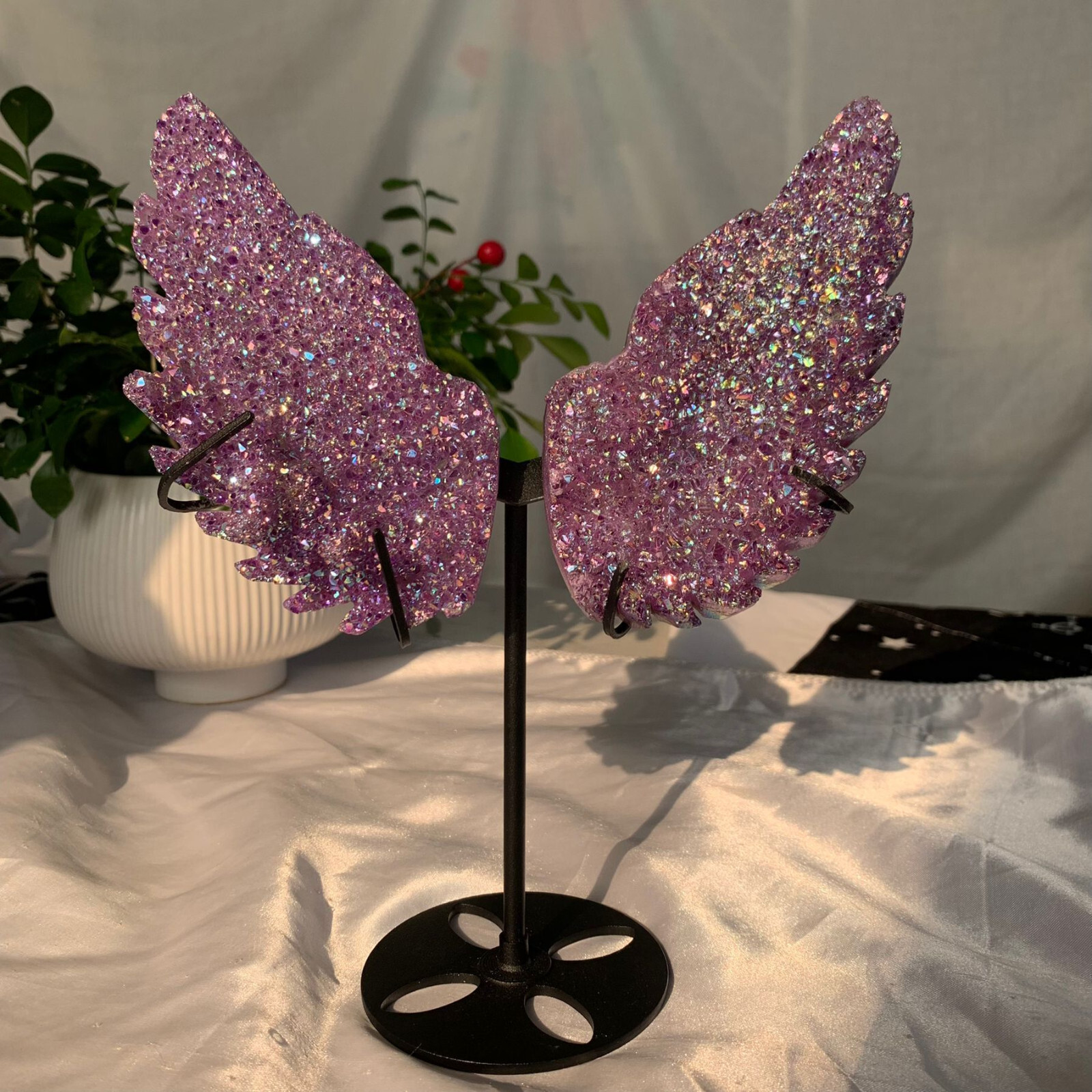 449g Titanium Angel Aura Amethyst Cluster Wings Carving Quartz Crystal+Stand