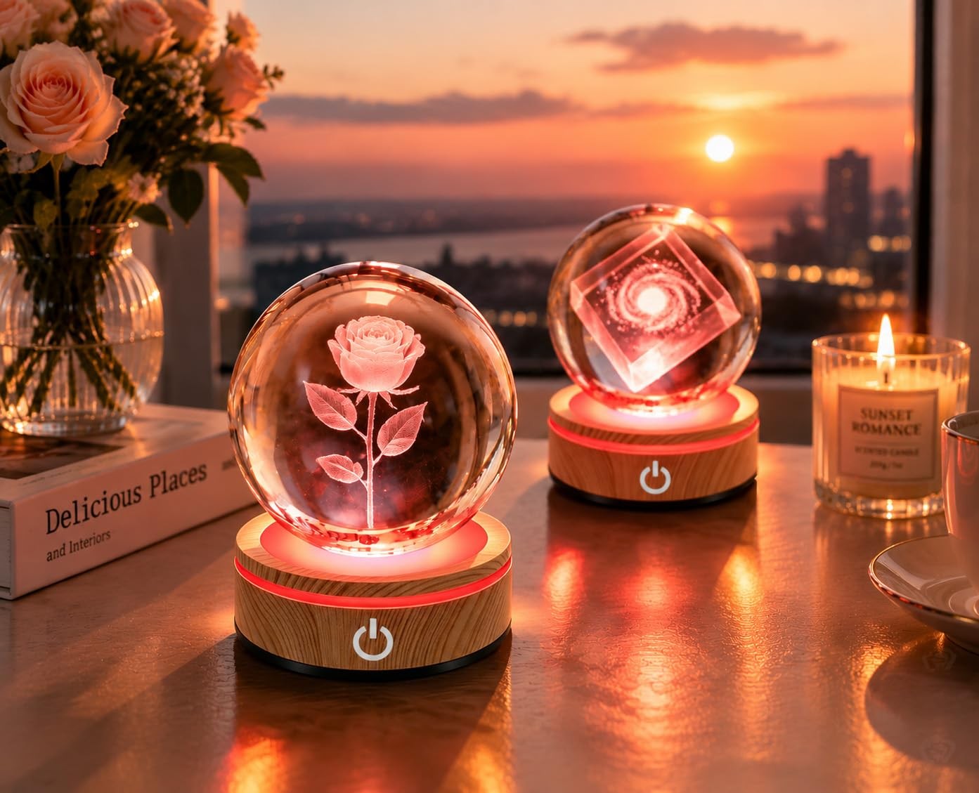 Woodgrain Round LED Light Base Multicolor Display Stand (Two packs)