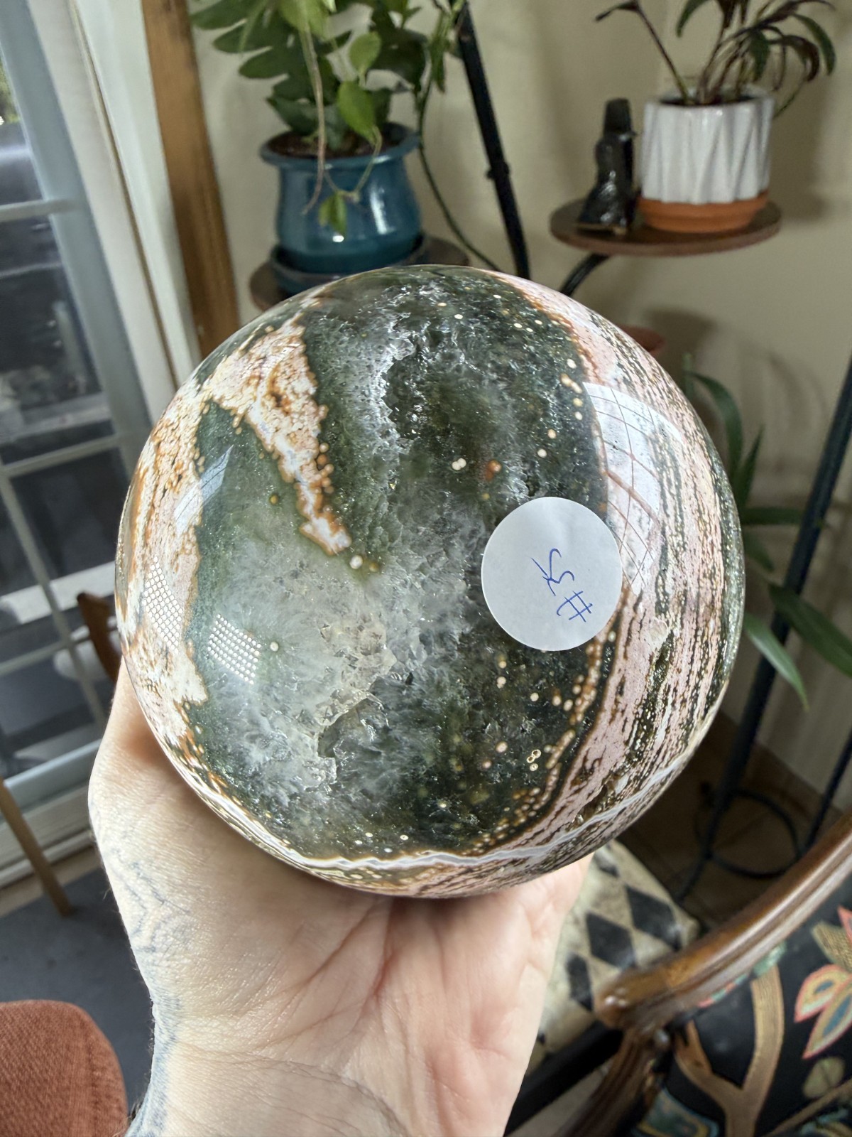 8th Vein Ocean Jasper Sphere – Druzy Pockets – Green, Pink, White – 3.69lbs