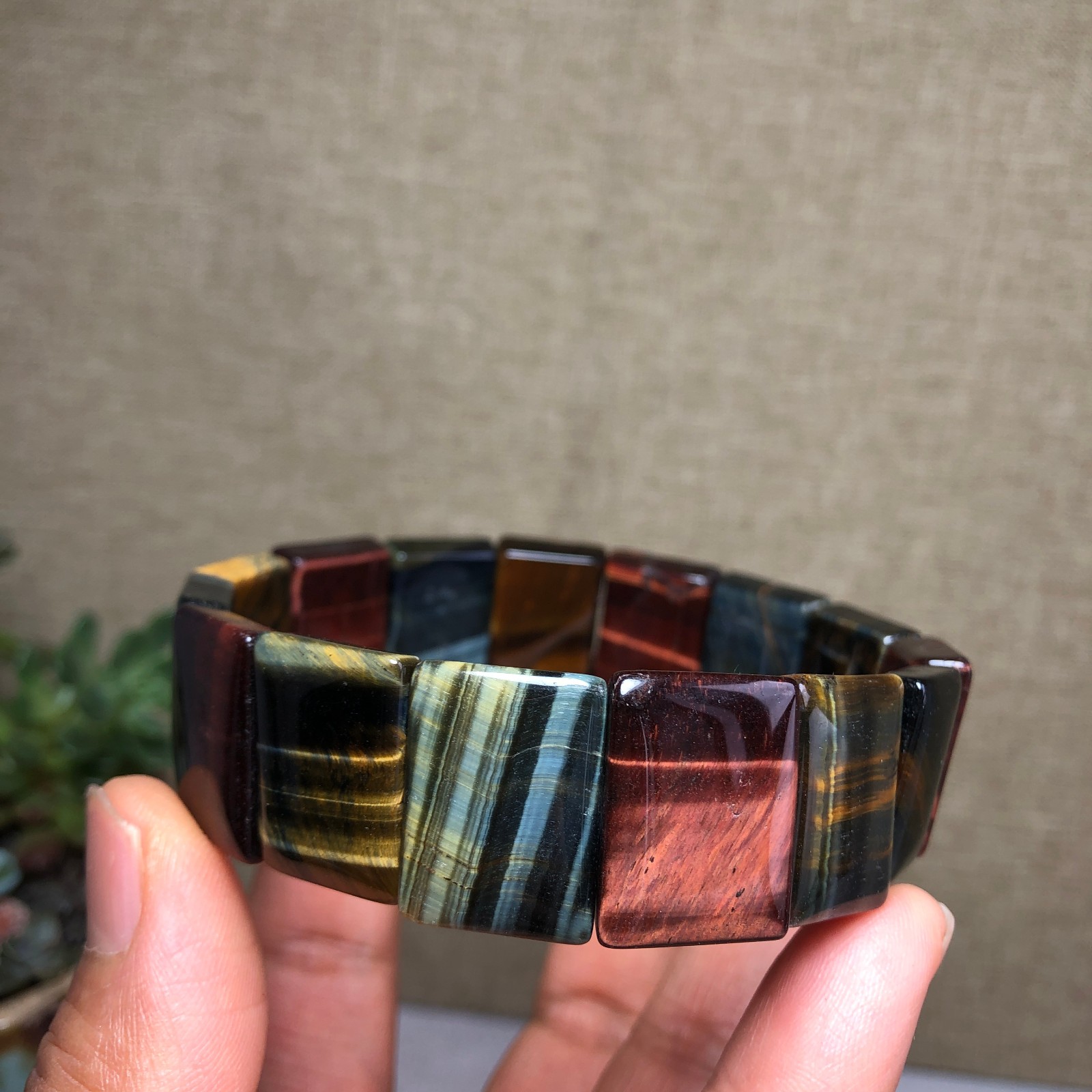 Natural yellow blue red tiger eye Crystal chain aspect beads bracelet 56g A4755