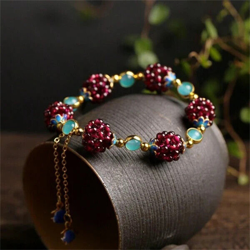 Natural Garnet & Blue Crystal Round Beads Bangle Healing Reiki Woven Bracelet