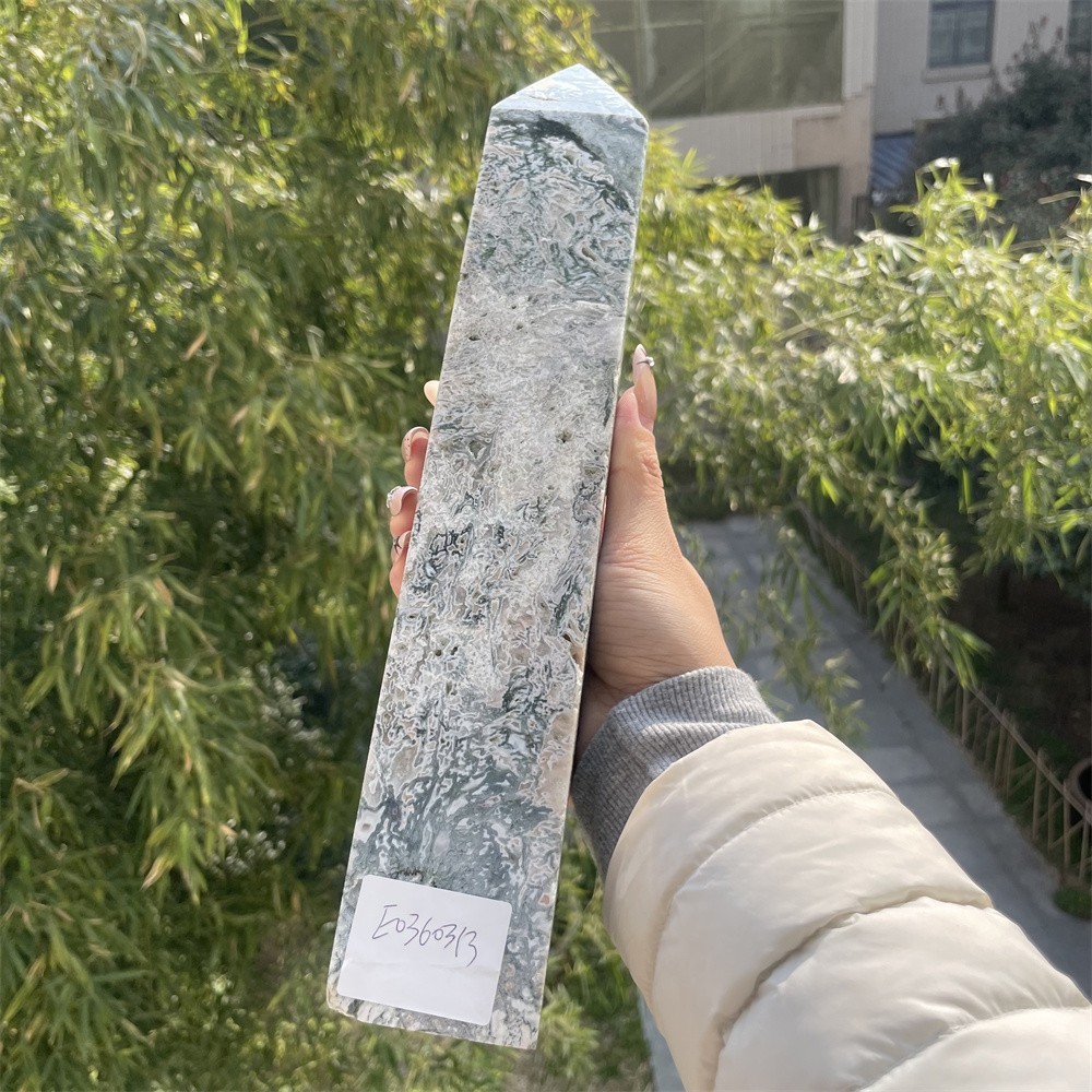 3.4LB 12.2″ Natural Moss Agate Obelisk Tower Crystal Quartz Point Mineral Reiki
