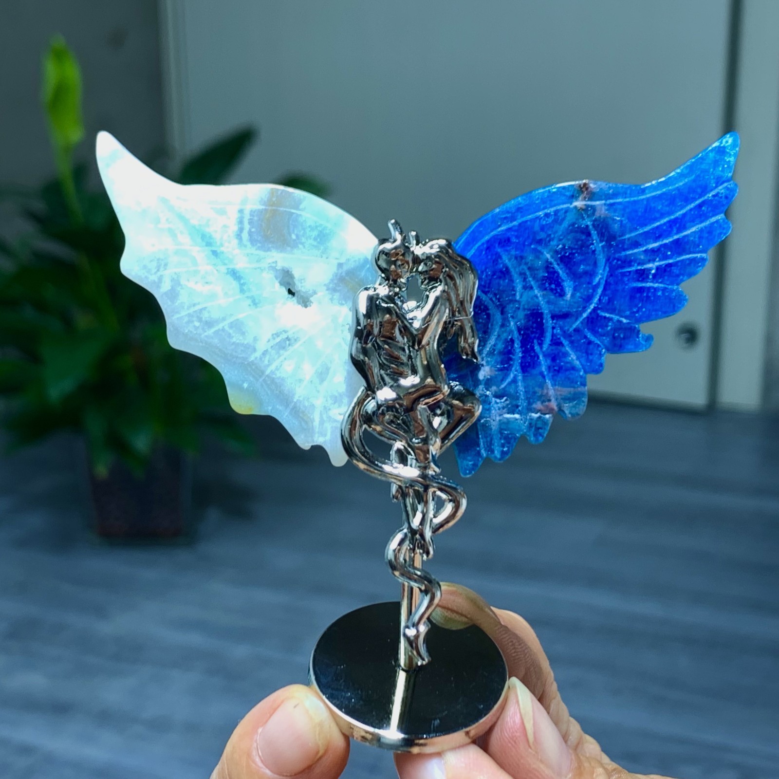 45G Natural hemimorphite and blue apatite hand carved devil angel wing specimen