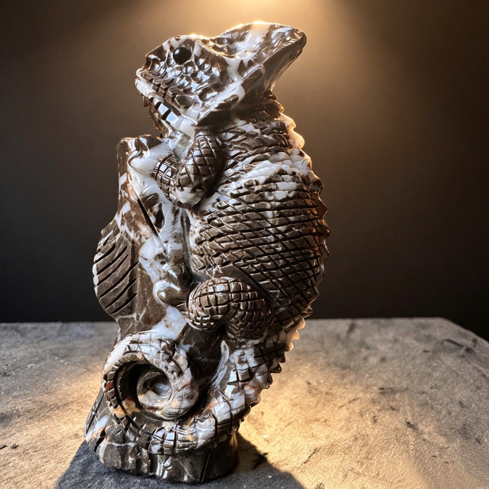 Hand Carved Natural Chocolate Stone Chameleon Figurine, Collectible Desk Decor