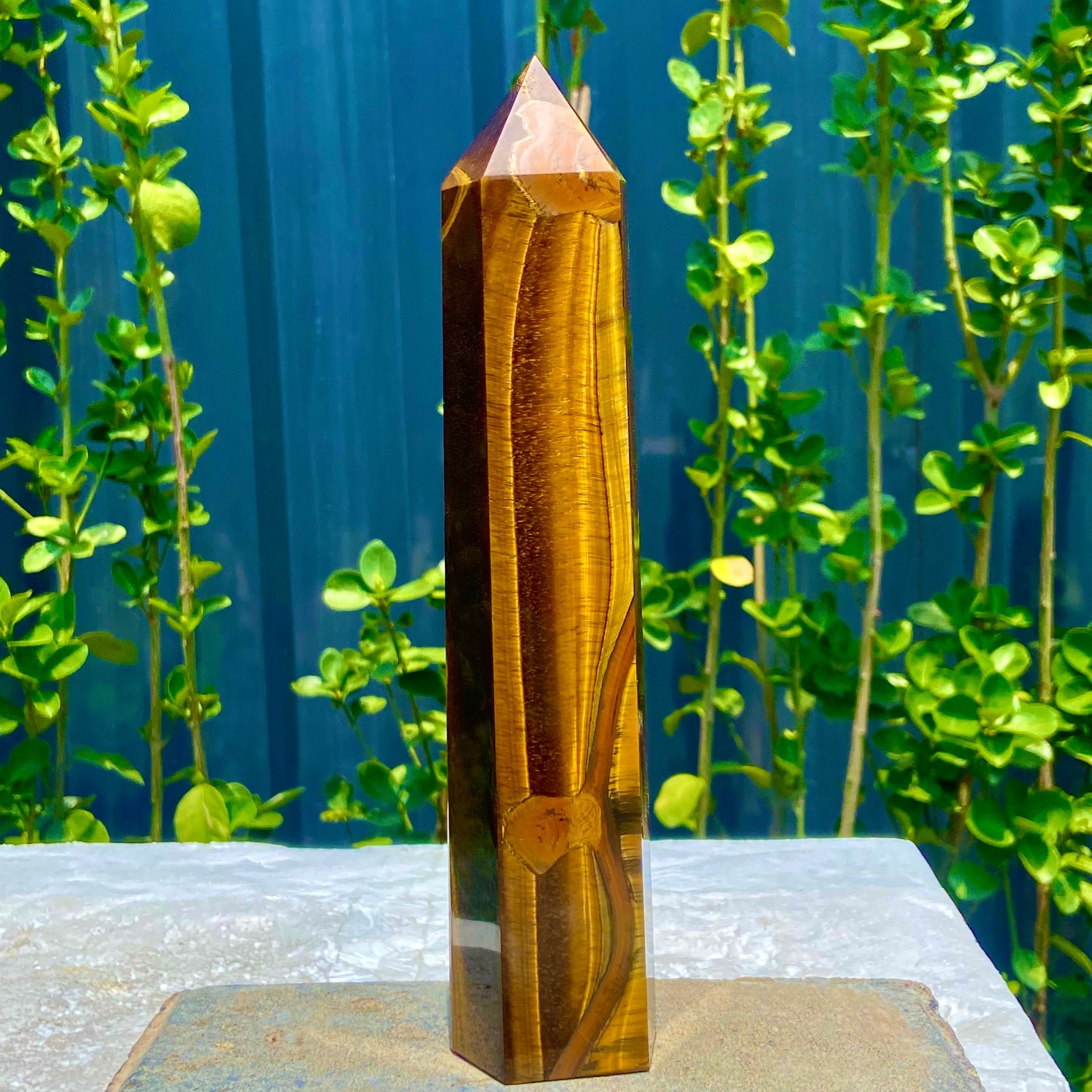 1.9LB Natural Golden Tiger Eye Stone Obelisk Quartz Wand Crystal Pillar Healing