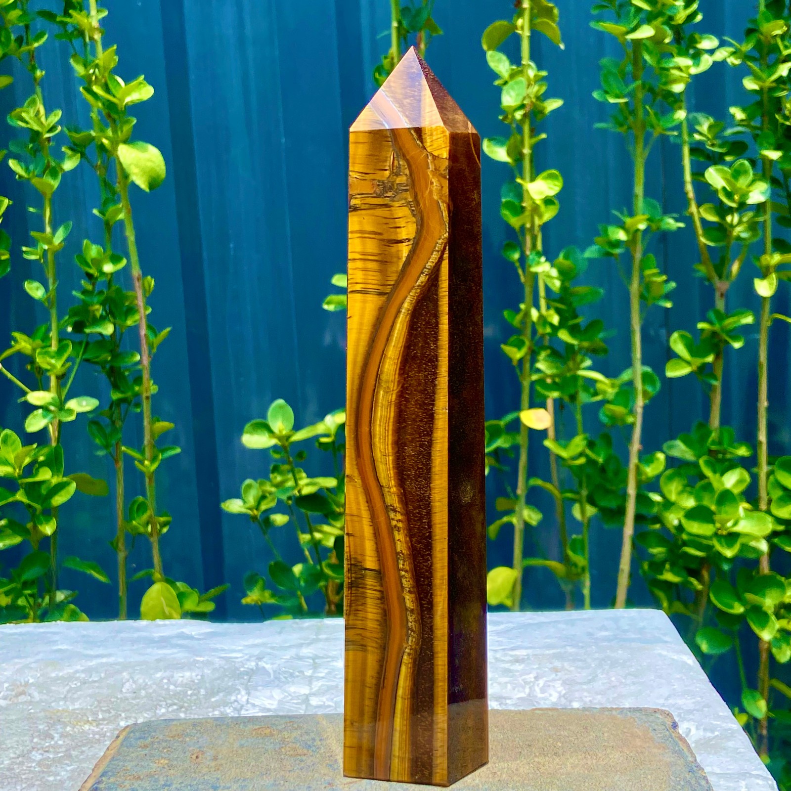 1.9LB Natural Golden Tiger Eye Stone Obelisk Quartz Wand Crystal Pillar Healing