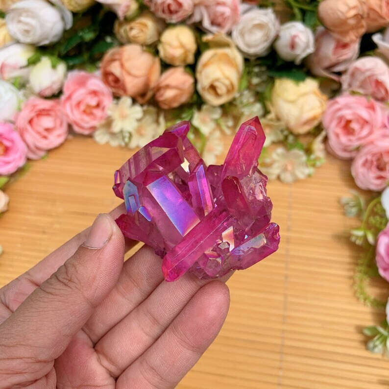 Aura Angel Pink Cluster Titanium Geode Quartz Healing Crystal Mineral Ornament