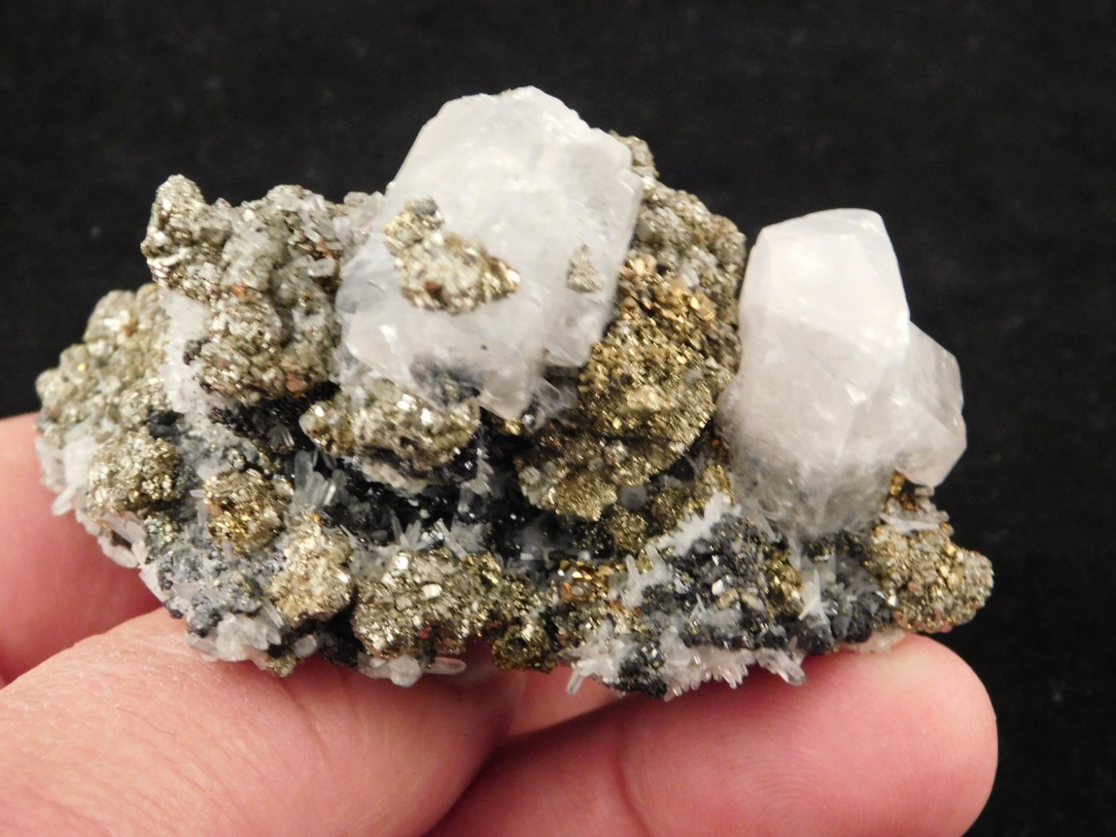 FLUORESCENT Calcite Crystal Cluster with Druzy Pyrite Crystals Peru 161gr