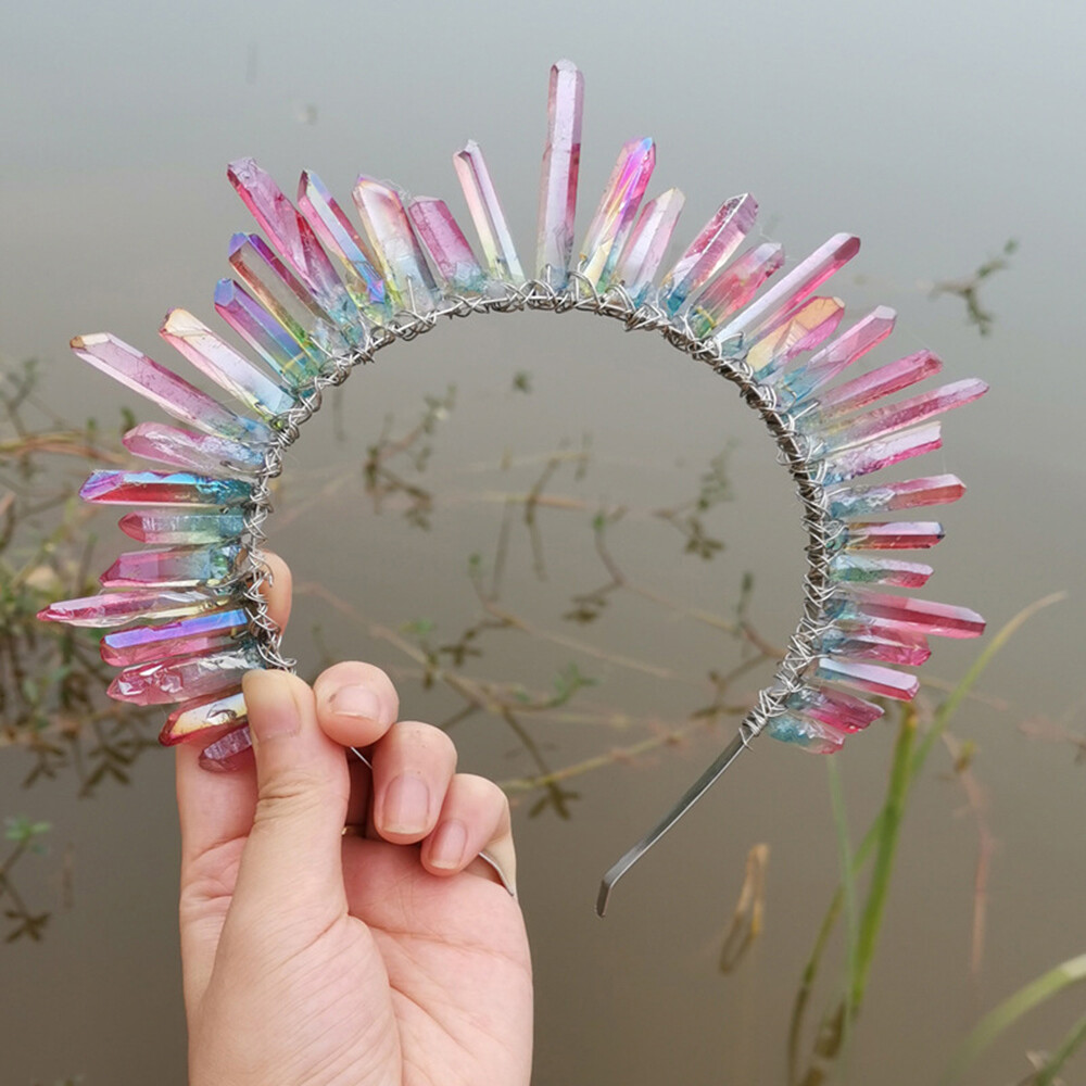 Goddess Bridal Crown Raw Crystal Quartz Tiara Queen Party Headband Hair Hoop