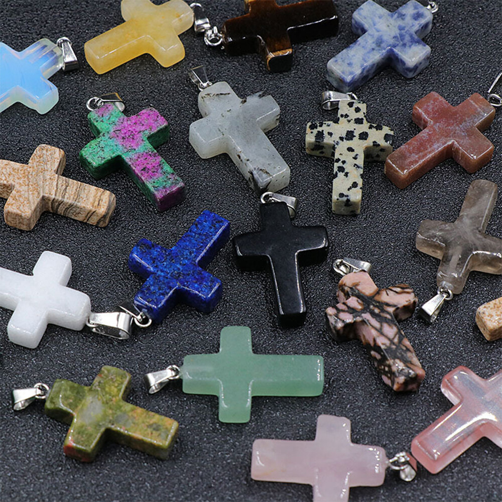 Natural Quartz Crystal Cross Pendant Chakra Stone Mixed Crucifix Shape Decor DIY