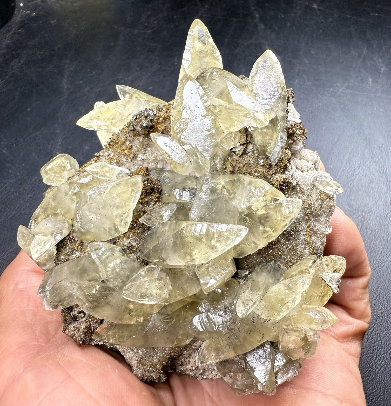 Golden Calcite Crystals on Chalcopyrite Pyrite Matrix / Missouri