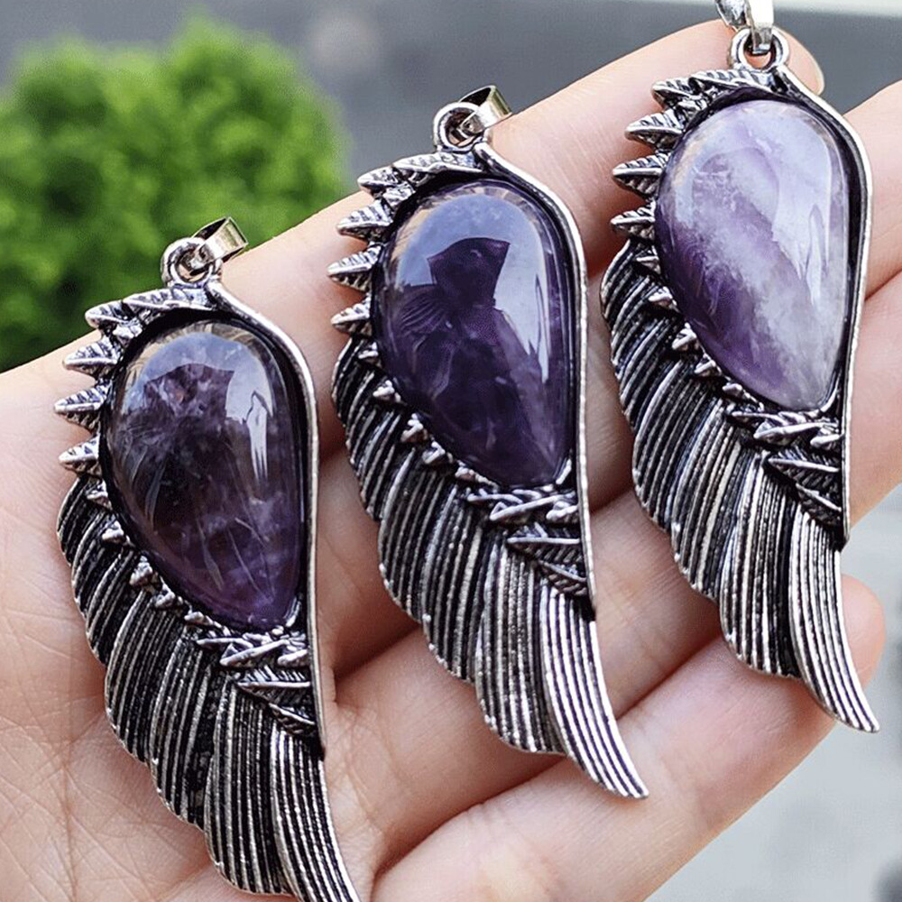 Chakra Gemstone Crystal Angel Wing Pendant Luck Energy Reiki Healing Amulet Gift