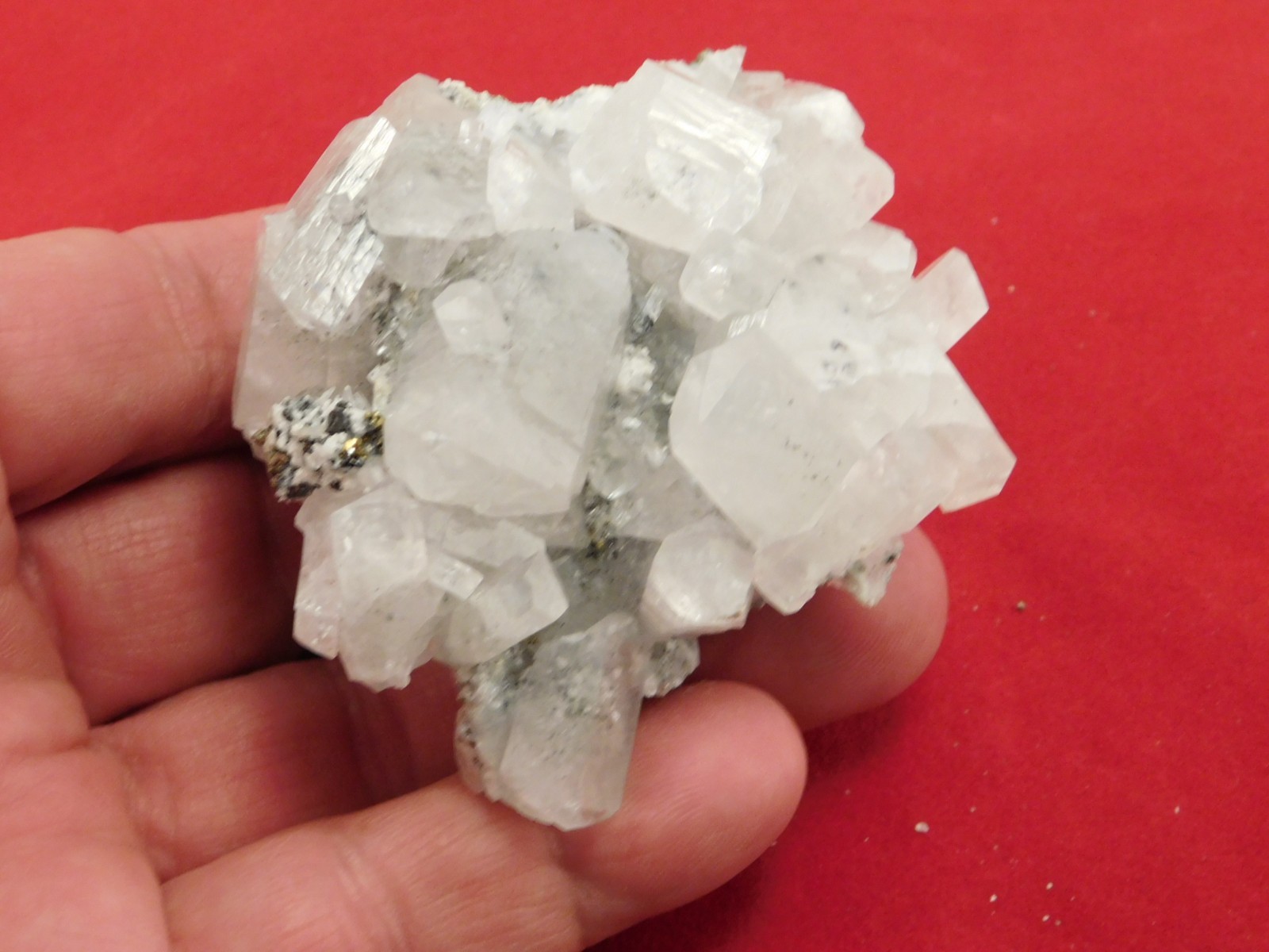 FLUORESCENT Calcite Crystal Cluster on Druzy PYRITE Peru 122gr