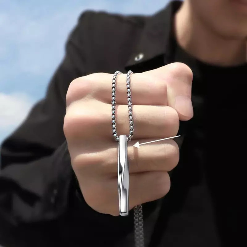 Men’s Fashion Jewelry Minimalist Twisted Silver Bar Pendant Necklace 1PC