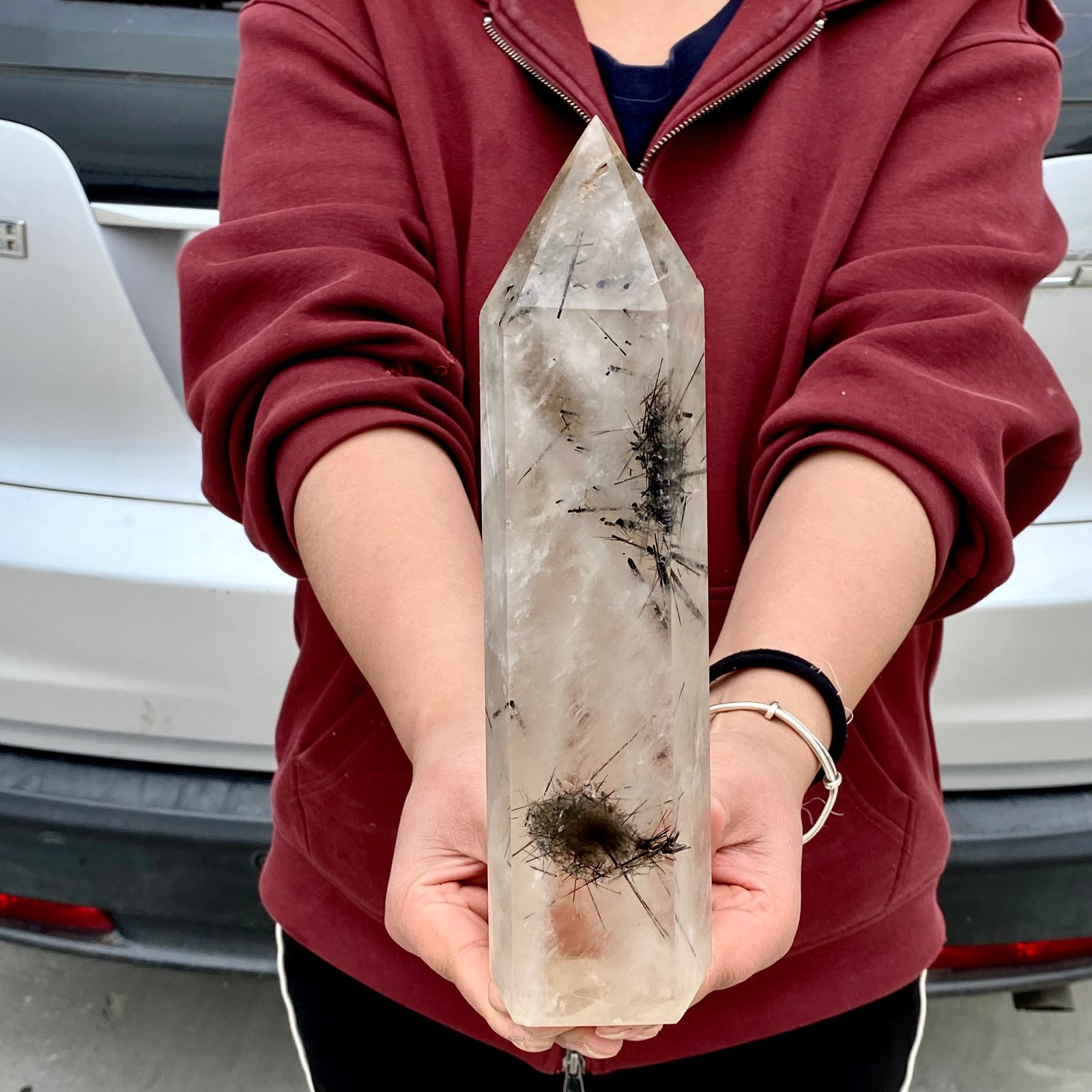 3.5LB Natural Black Hair Quartz Obelisk Crystal Energy Point Wand Reiki Decor