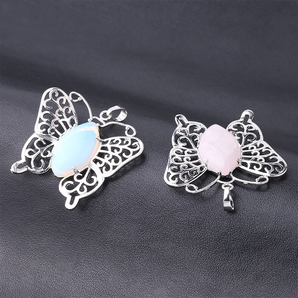Butterfly Crystal Hollow Oval Bead Stone Gemstone Quartz Pendants Chakra Healing