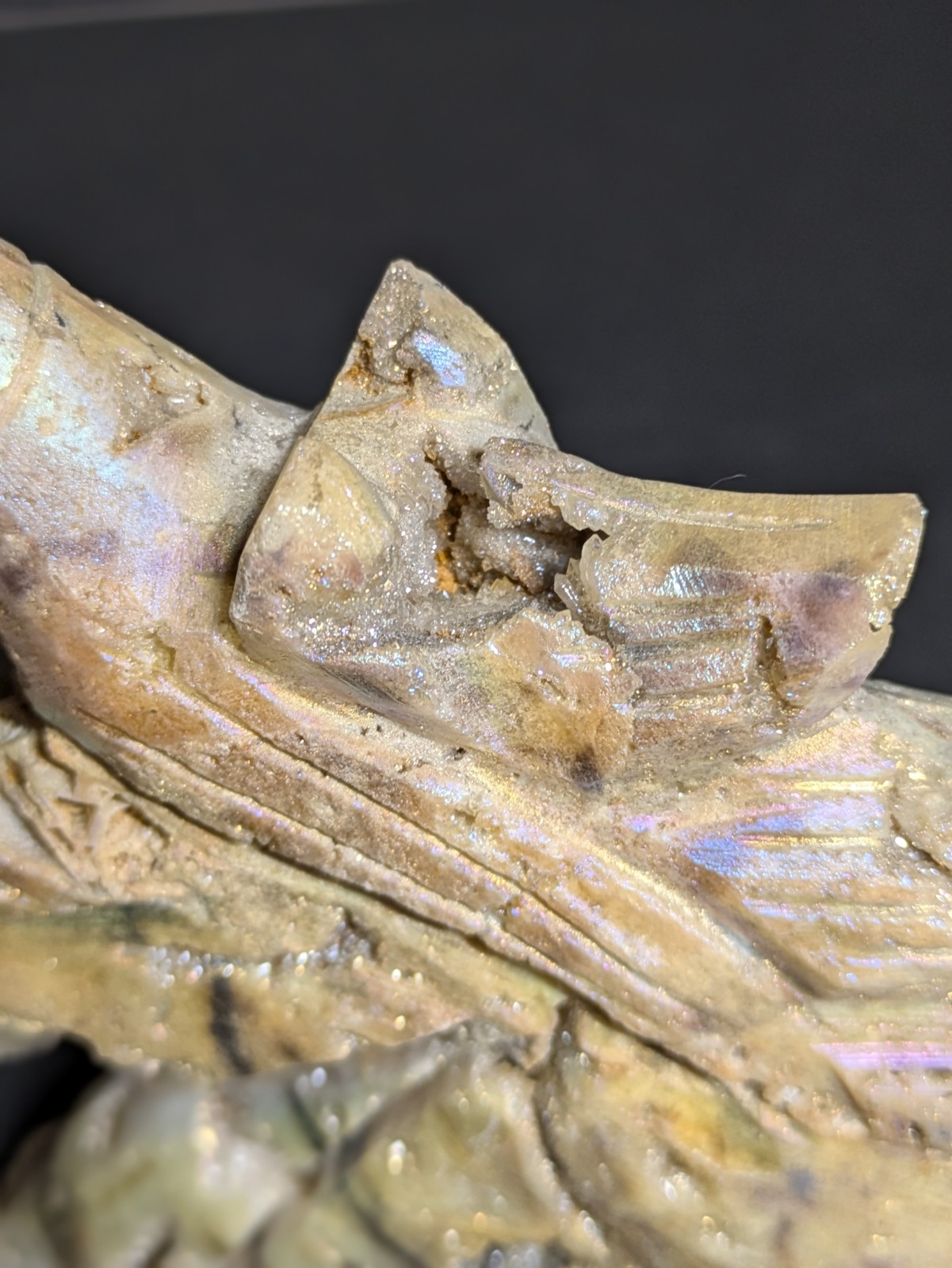 Aura Sphalerite Crystal Unicorn Carving Shiny Blue Purple Pink Gold With Druzies