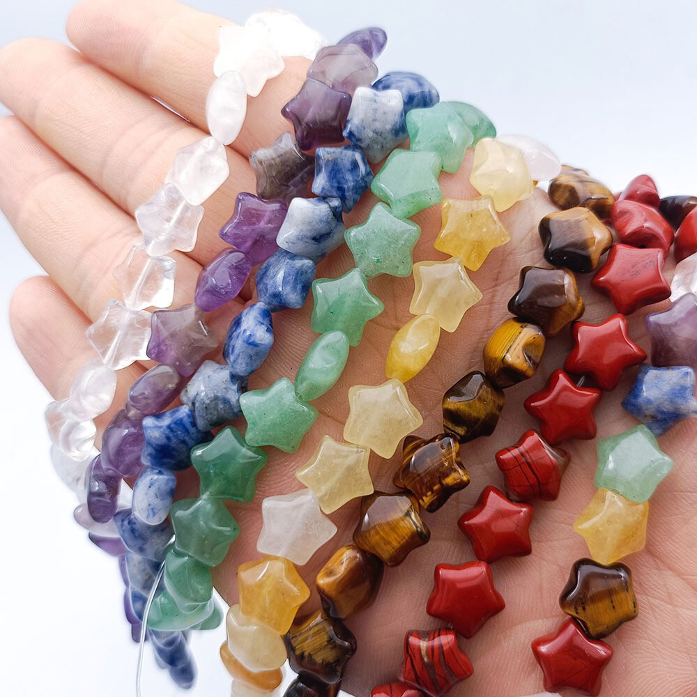 21PCS 10mm Natural Crystal Pentagram Star Gemstone Loose Beads Jewelry DIY Set