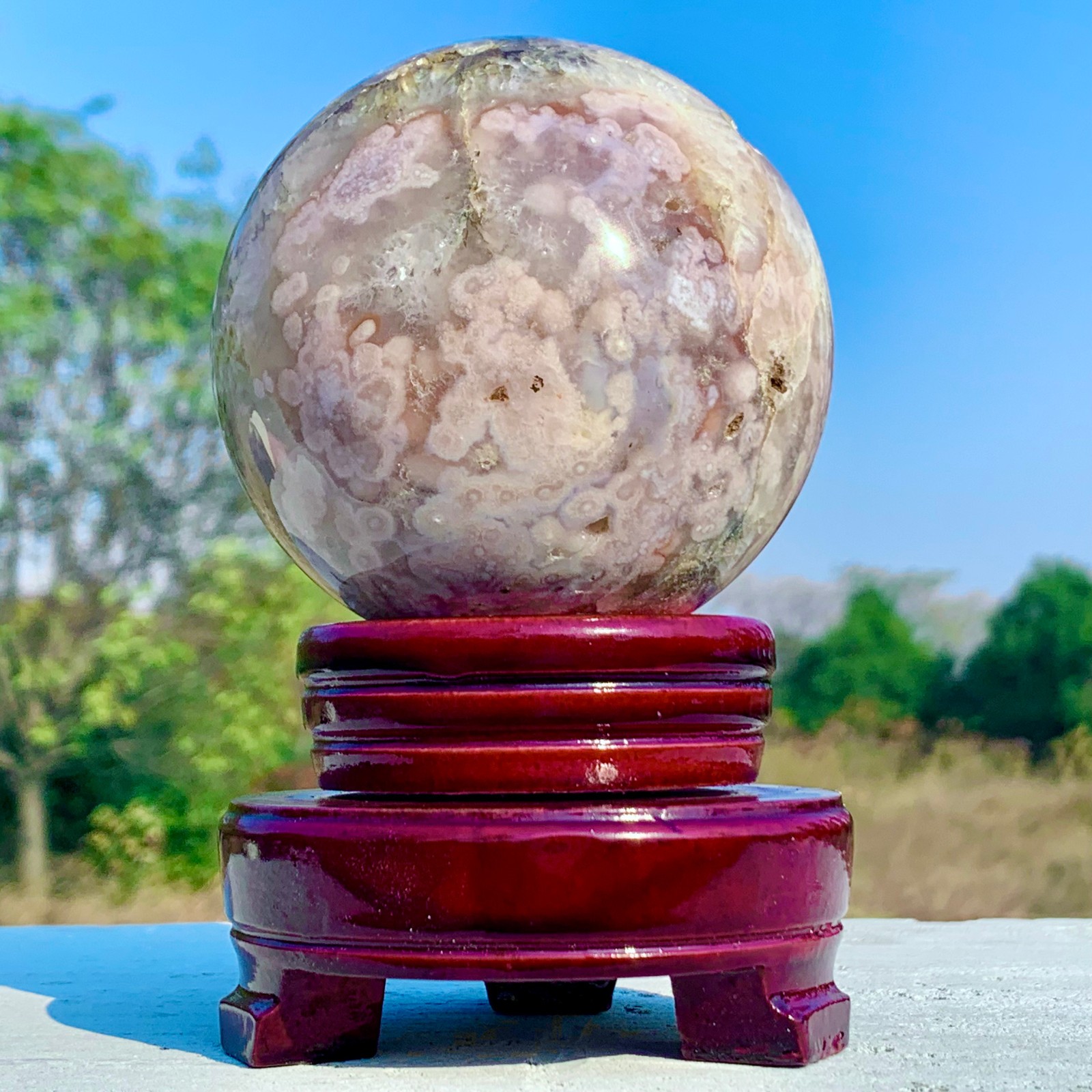 1.92LB Natural Pink Cherry Blossom Agate Geode Quartz Sphere Crystal Energy Ball