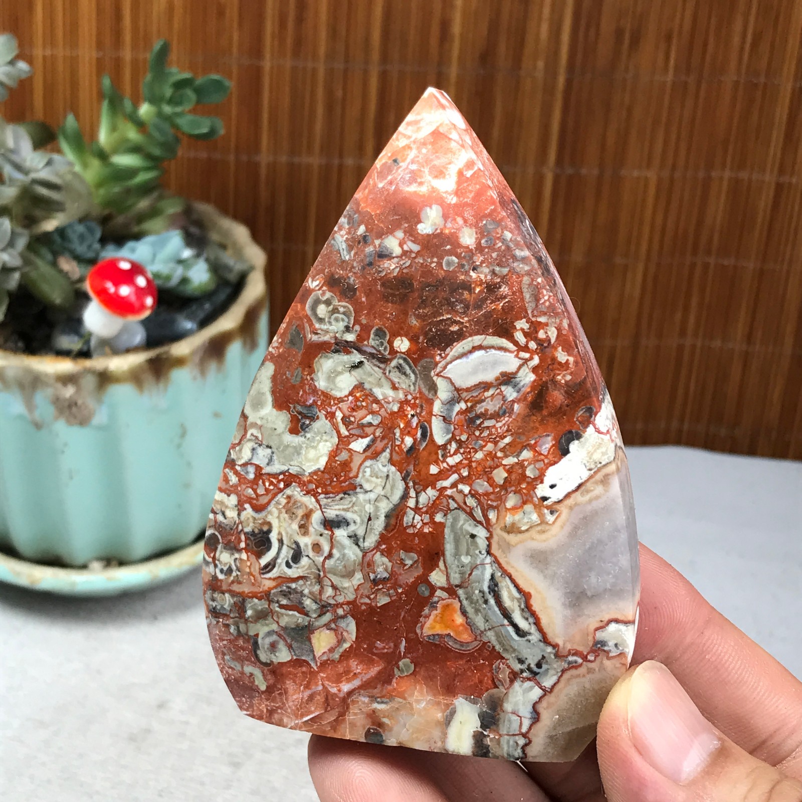 Natural money Mexico agate hand carve leaf Crystal Specimen free standing A6257