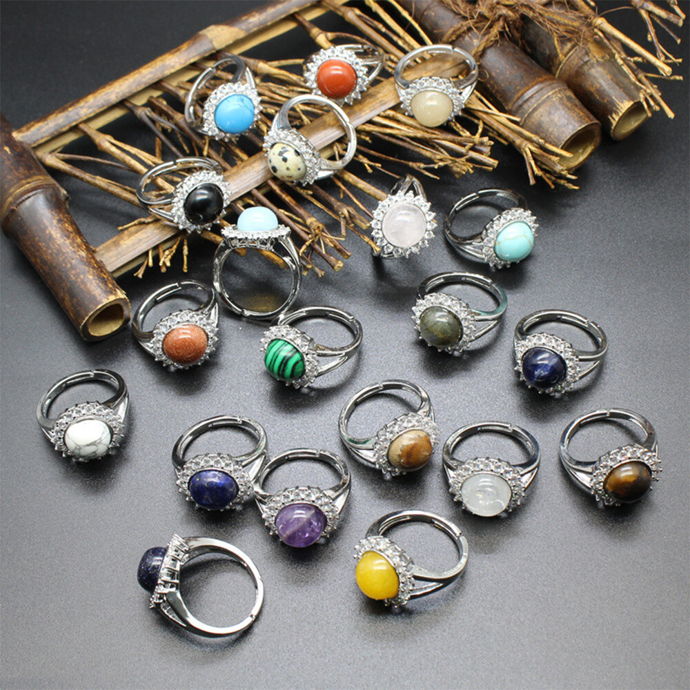 Natural Crystal Flower Round Bead Chakra Ring Quartz Jewelry Healing Reiki Gift