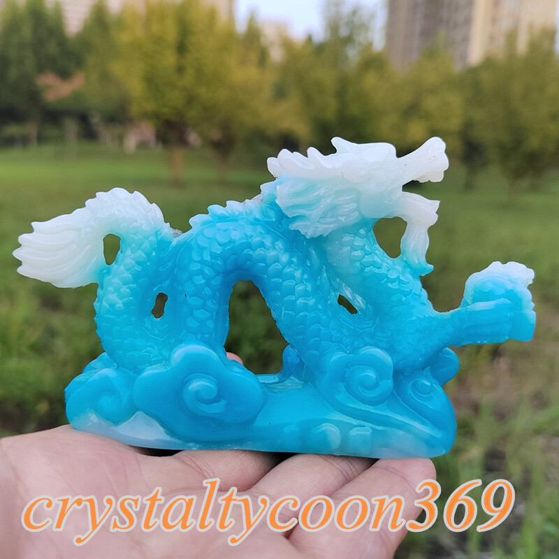 4″ Resin Chinese Dragon Decoration Blue Luminous Stone Statues Skull Gift 1pc
