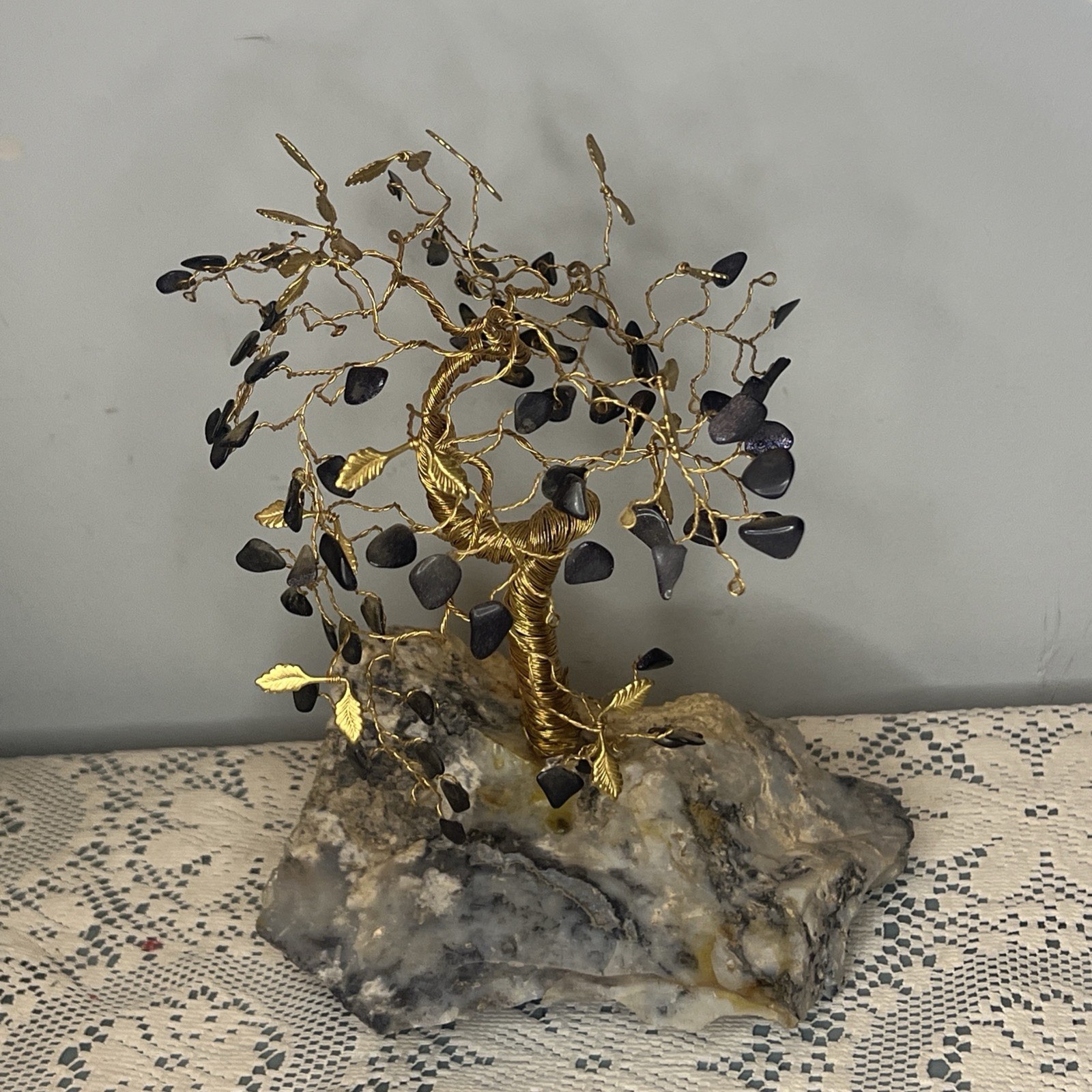 Vintage MCM Gemstone Twisted Brass Wire Tree of Life Bonsai – V3