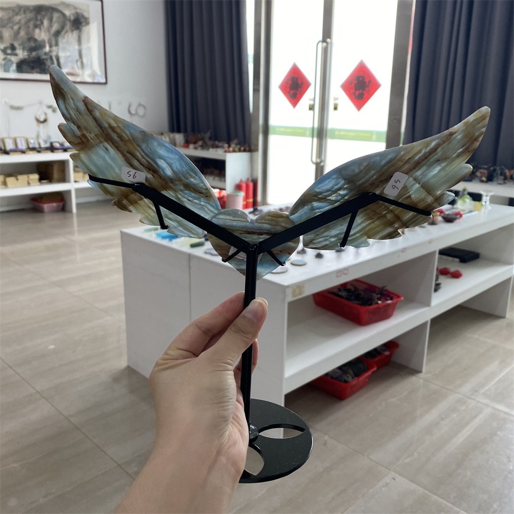 1LB 9.8″Natural A+Blue Onyx Heart Wing Statue Crystal Reiki Carving Quartz Decor