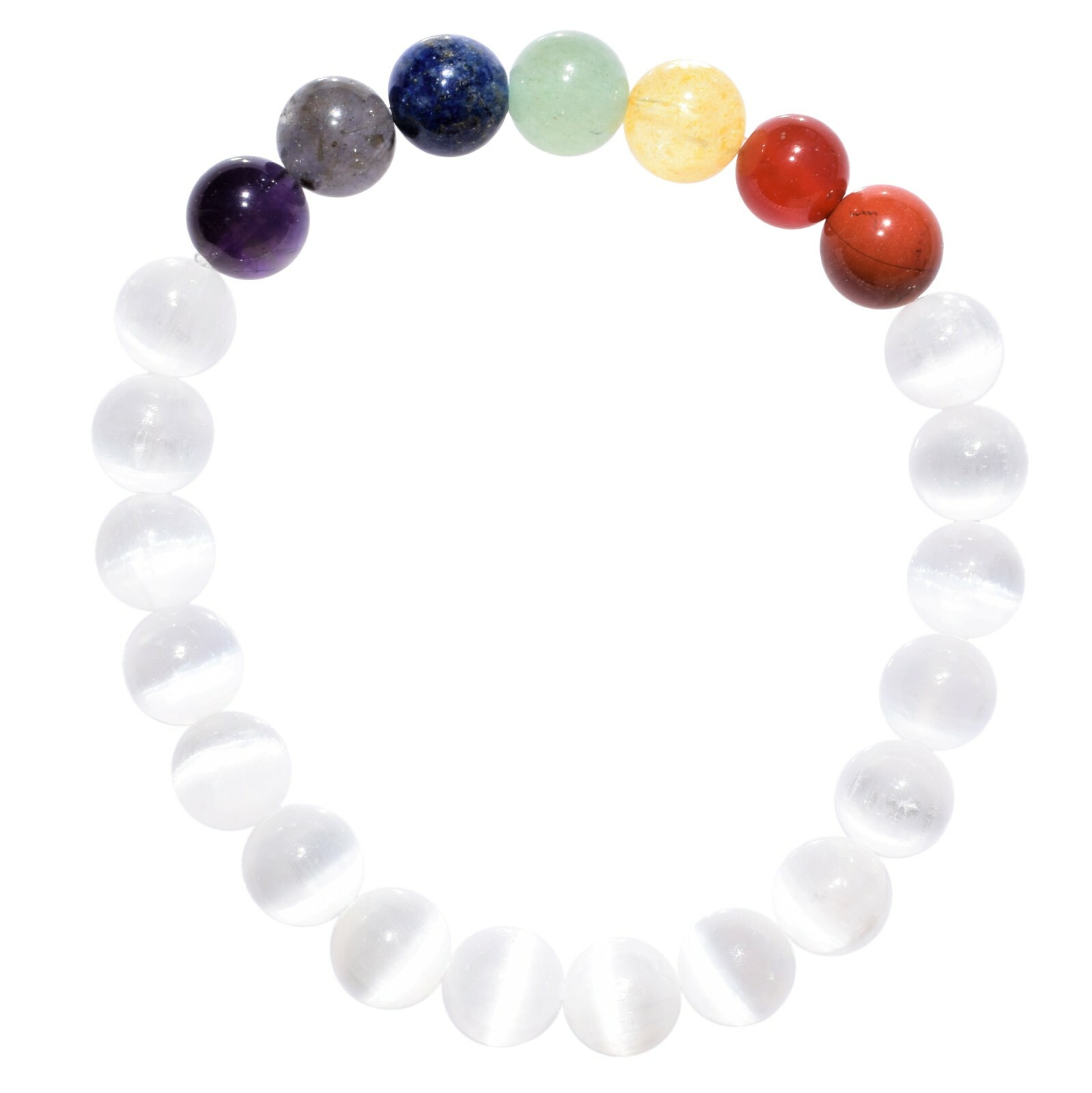 CHARGED 7 Chakra Selenite Crystal Stretchy Bracelet + Selenite Puffy Heart