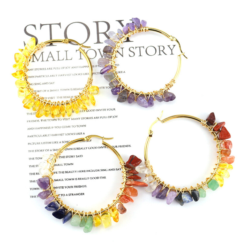 Wire Wrapped Crystal Chips Earrings Natural Stone Gravel Round Circle Jewelry