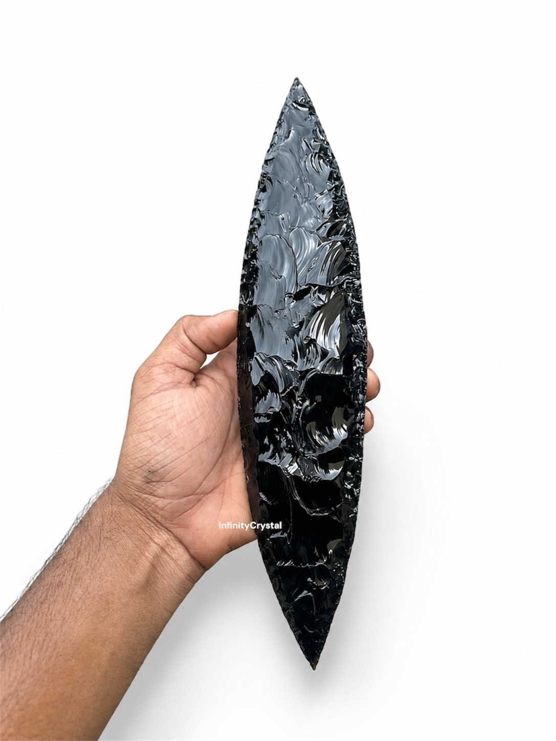 Large Black Obsidian Leaf Point Spearhead Handcrafted Arrowhead Display Piece.