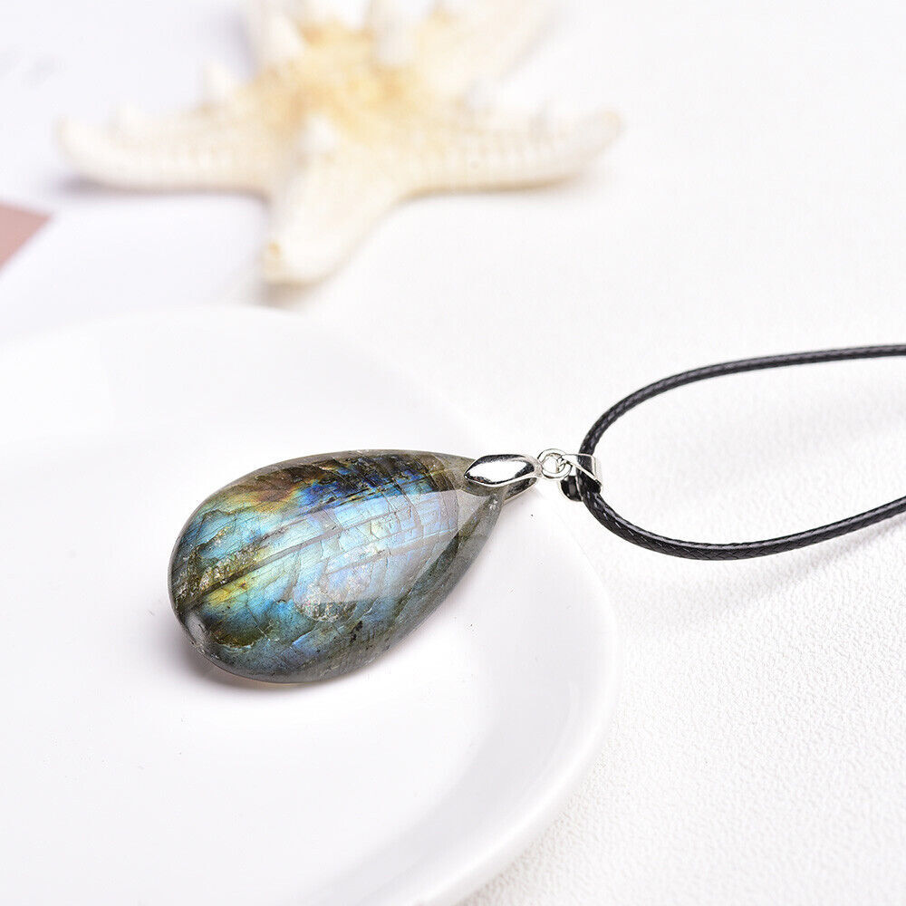Natural Labradorite Oval Water Drop Necklace Crystal Pendant Stone Reiki Healing