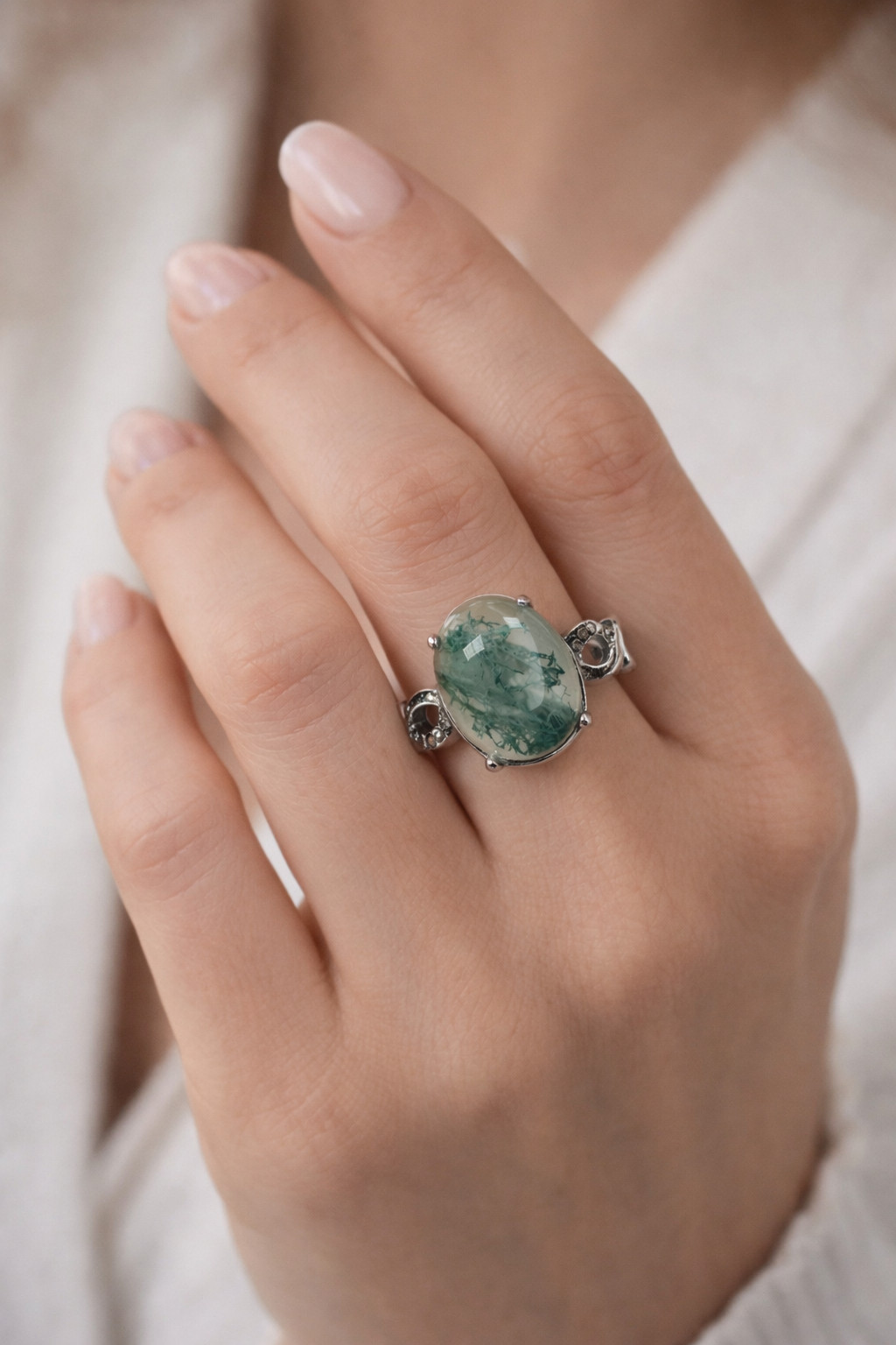 Wholesale 7 Pcs Natural Moss Agate Stainless Steel Rings(316) Crystal 10x12mm
