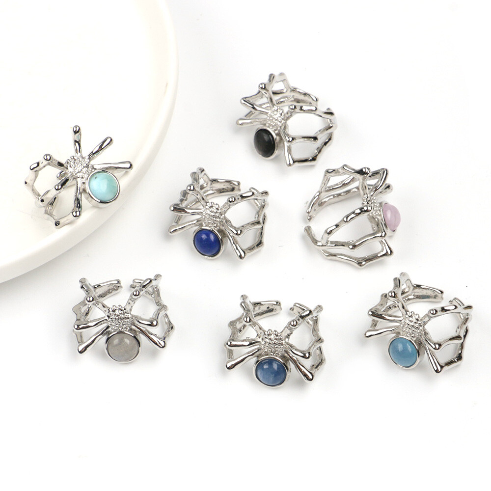 1pc Adjustable Chakra Crystal Spider Rings Gemstone Round Bead Quartz Jewerly