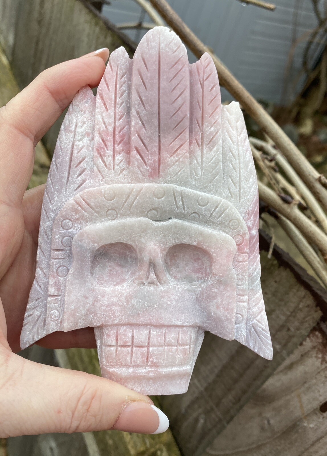 Crystal Pink Opal Indian Feather Skull Carving 304g High Quality