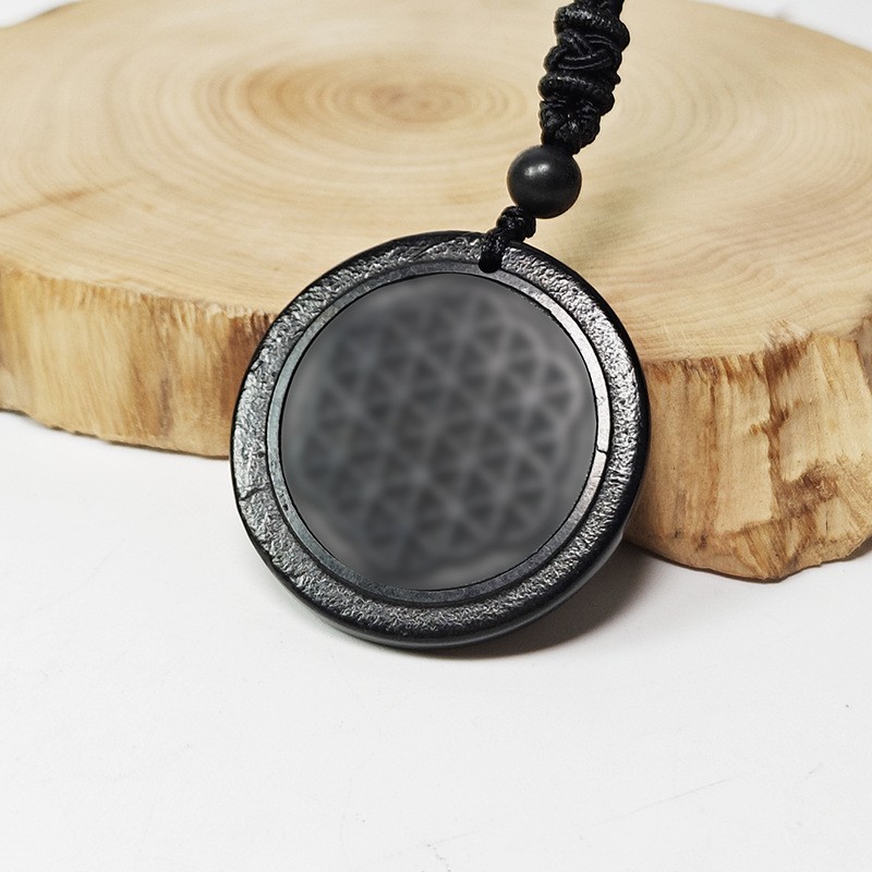 Shungite black natural stone circular pendant carved with retro totem pendant