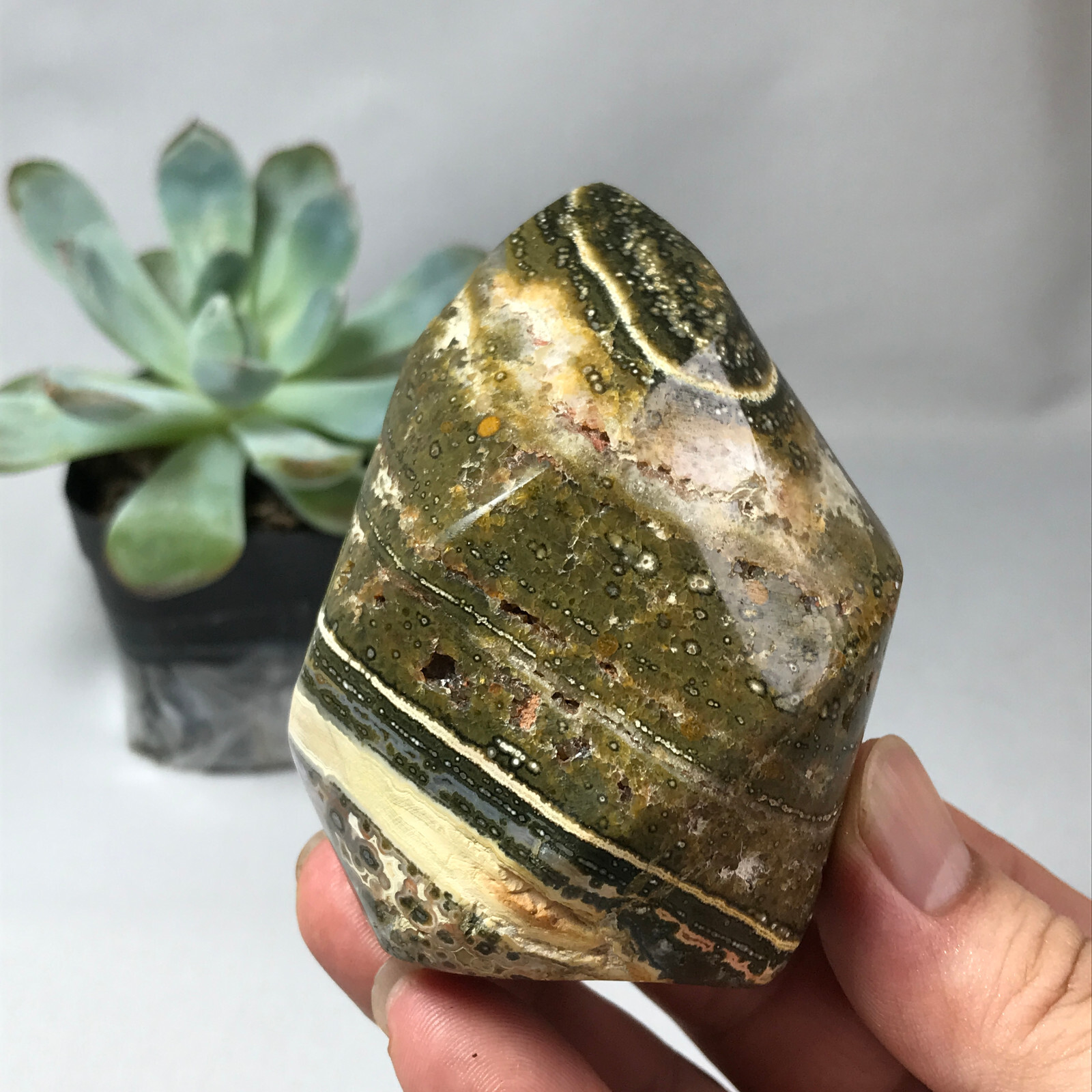 Natural Ocean Jasper torch Hand carve polish Crystal free standing 262g g6634