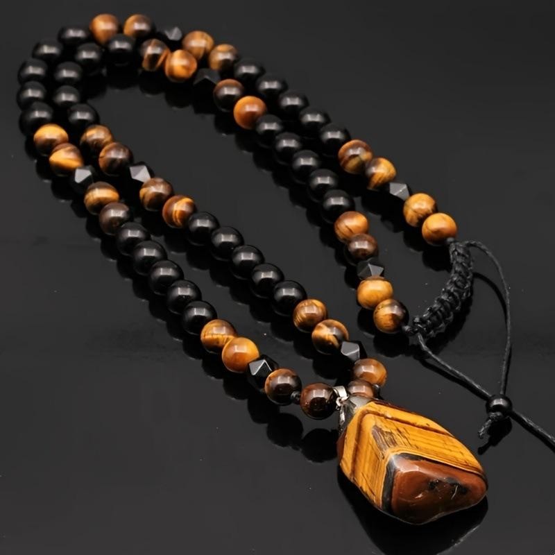 Tiger Eye Stone Beaded Necklace Men Black Irregular Pendant Fashion Jewelry Gift