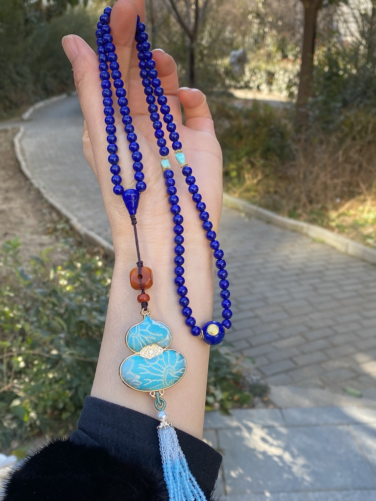 Ethnic Lapis Lazuli 108 Mala Gourd Pendant Meditation Long Necklace Gift