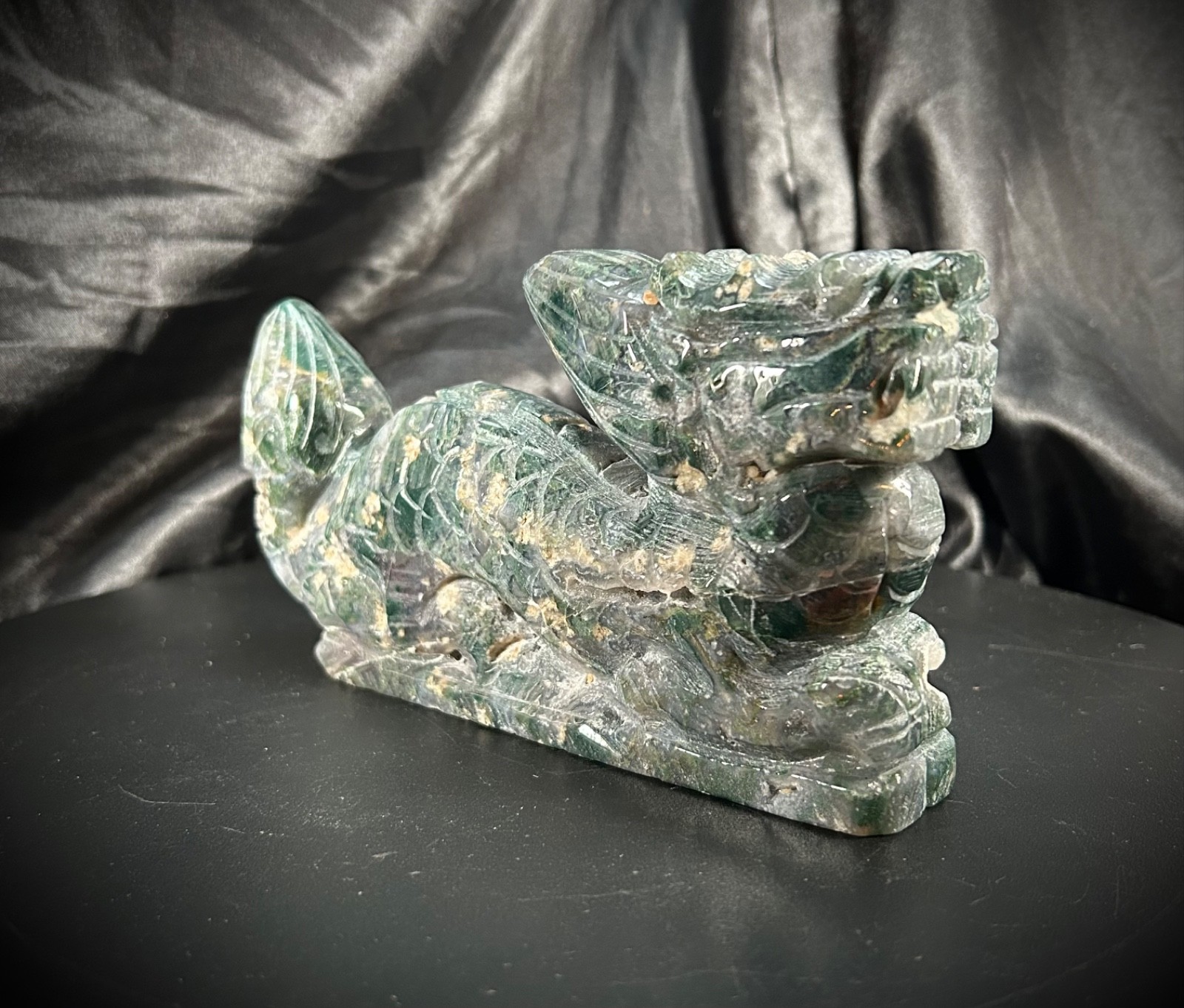 6.5″ Moss Agate Eastern Style Dragon Carving With Druzy All Over 1lb 10.7oz