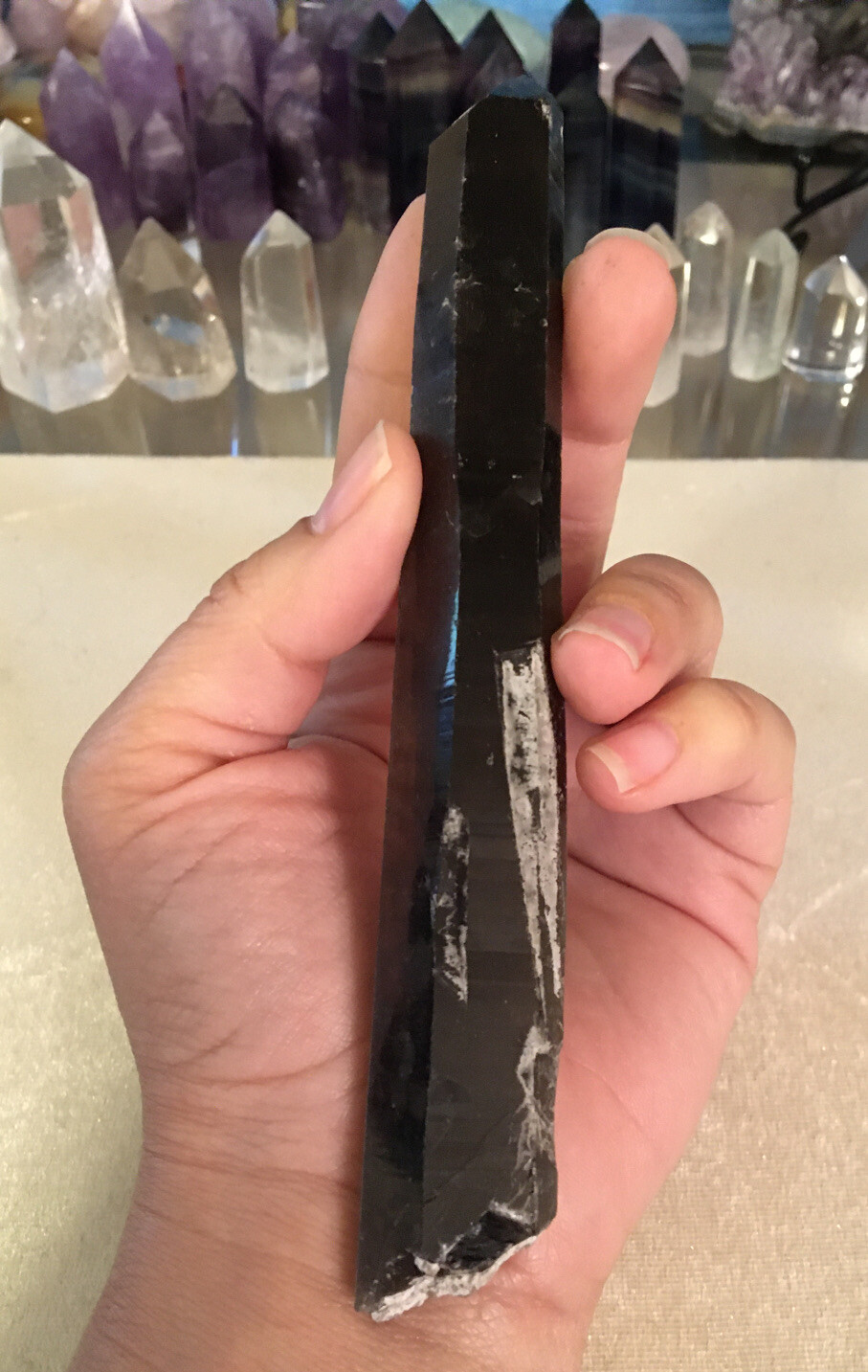 Dark Smoky Quartz With Calcite Natural Point Raw 74g 6”x 20mm