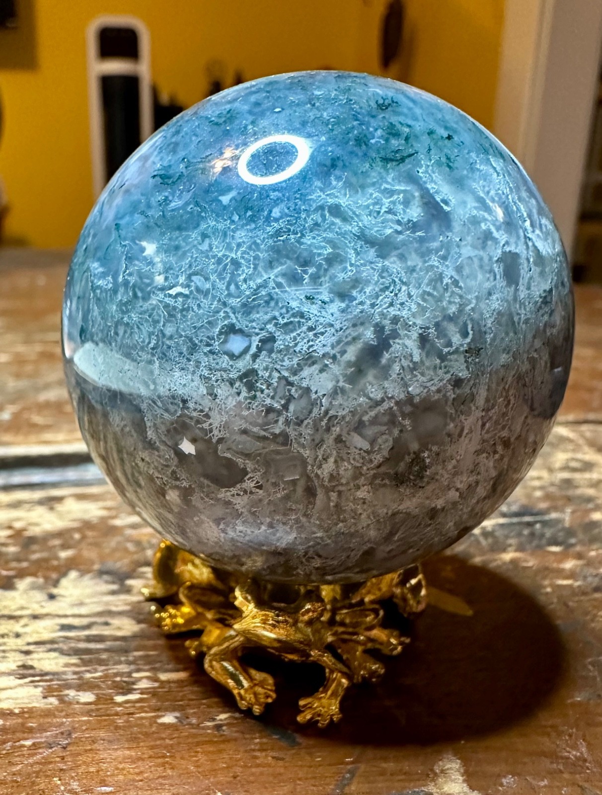 Green Moss agate druzy crystal sphere with gold metal frog stand Free shipping