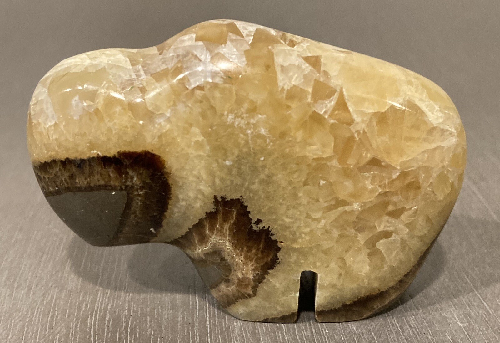 Septarian Crystal Carved Buffalo Bison Adult Baby Pair Utah Dragon Stone Geode