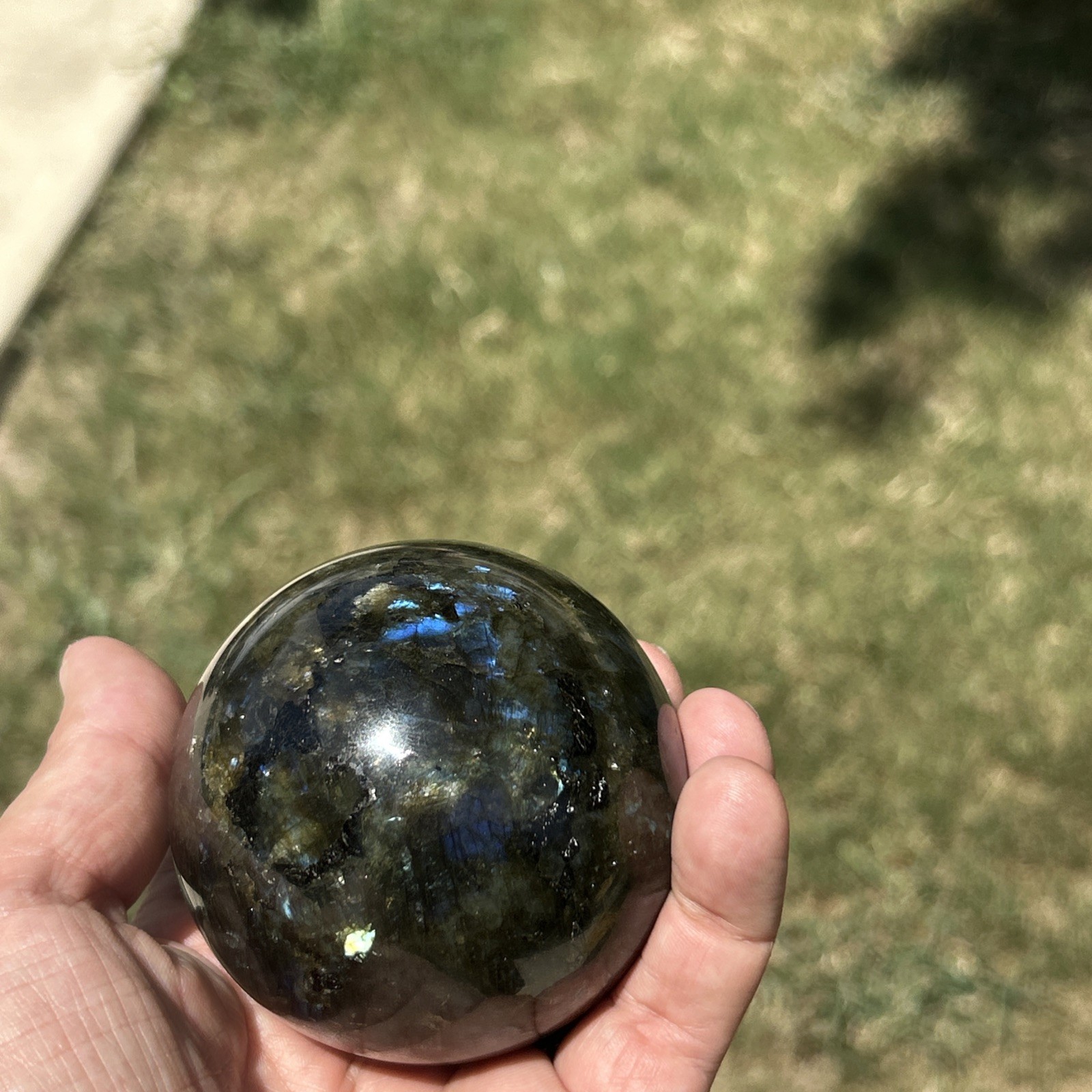 Large 75mm 644g Natural Labradorite Crystal Sphere Blue Flash w/ Stand