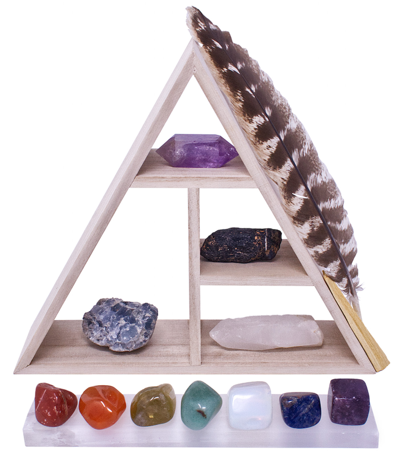 Chakra Crystal Clearers Set: Raw Crystals, Selenite, Triangle Display