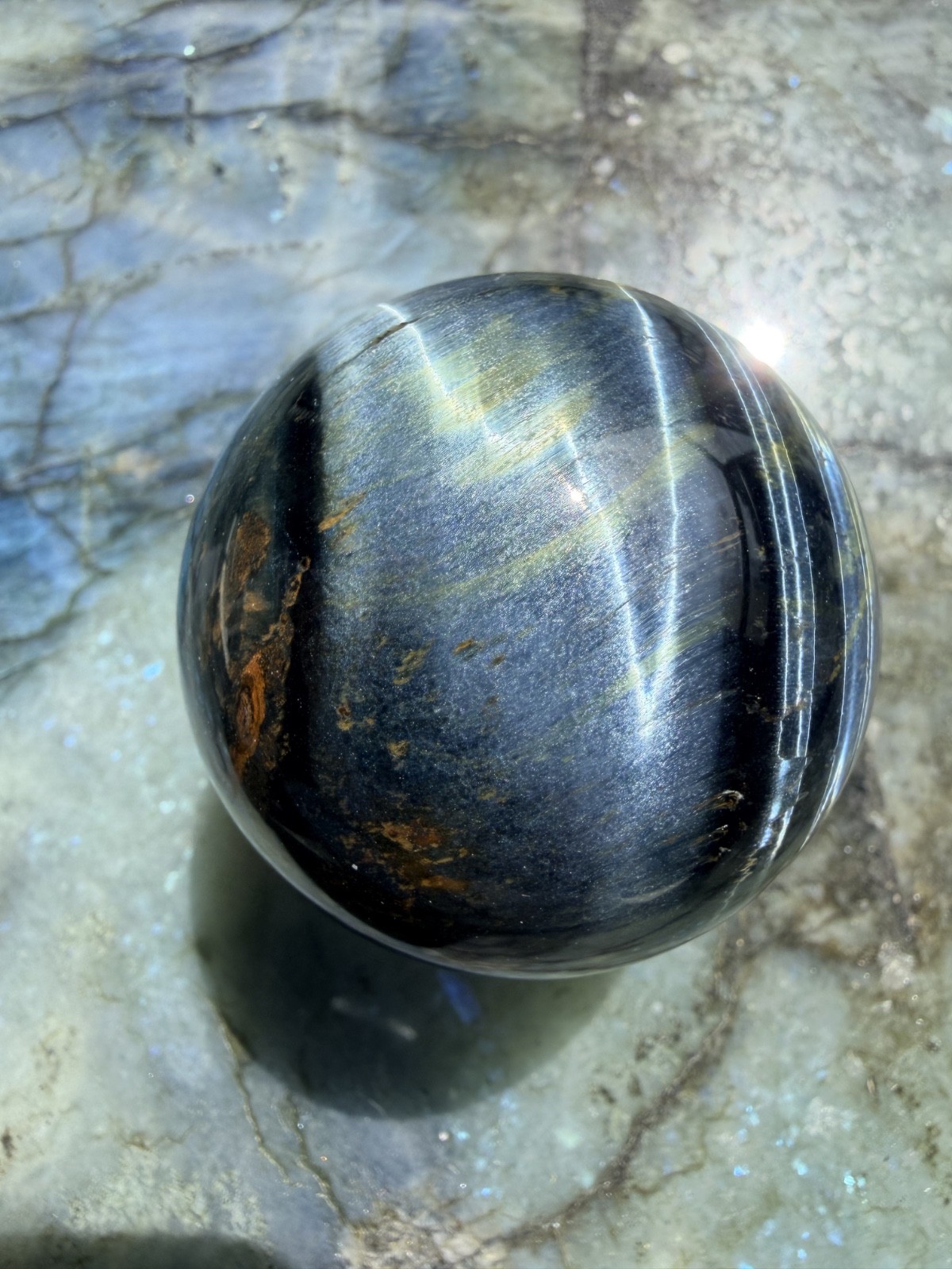 Blue Tiger’s Eye (Hawk’s Eye) Sphere | Intense Chatoyancy Cat’s Eye Effect 2.3″