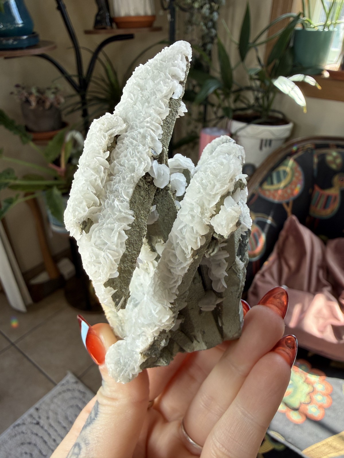 Green Chlorite Quartz Cluster with White Petal Calcite – Inner Mongolia, China
