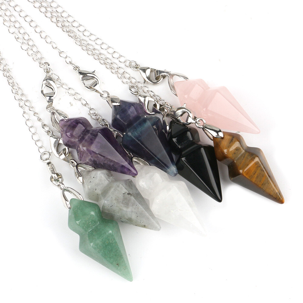 Natural Chakra Crystal Hexagonal Cone Spirit Pendulum Pendant Dowsing Gemstone
